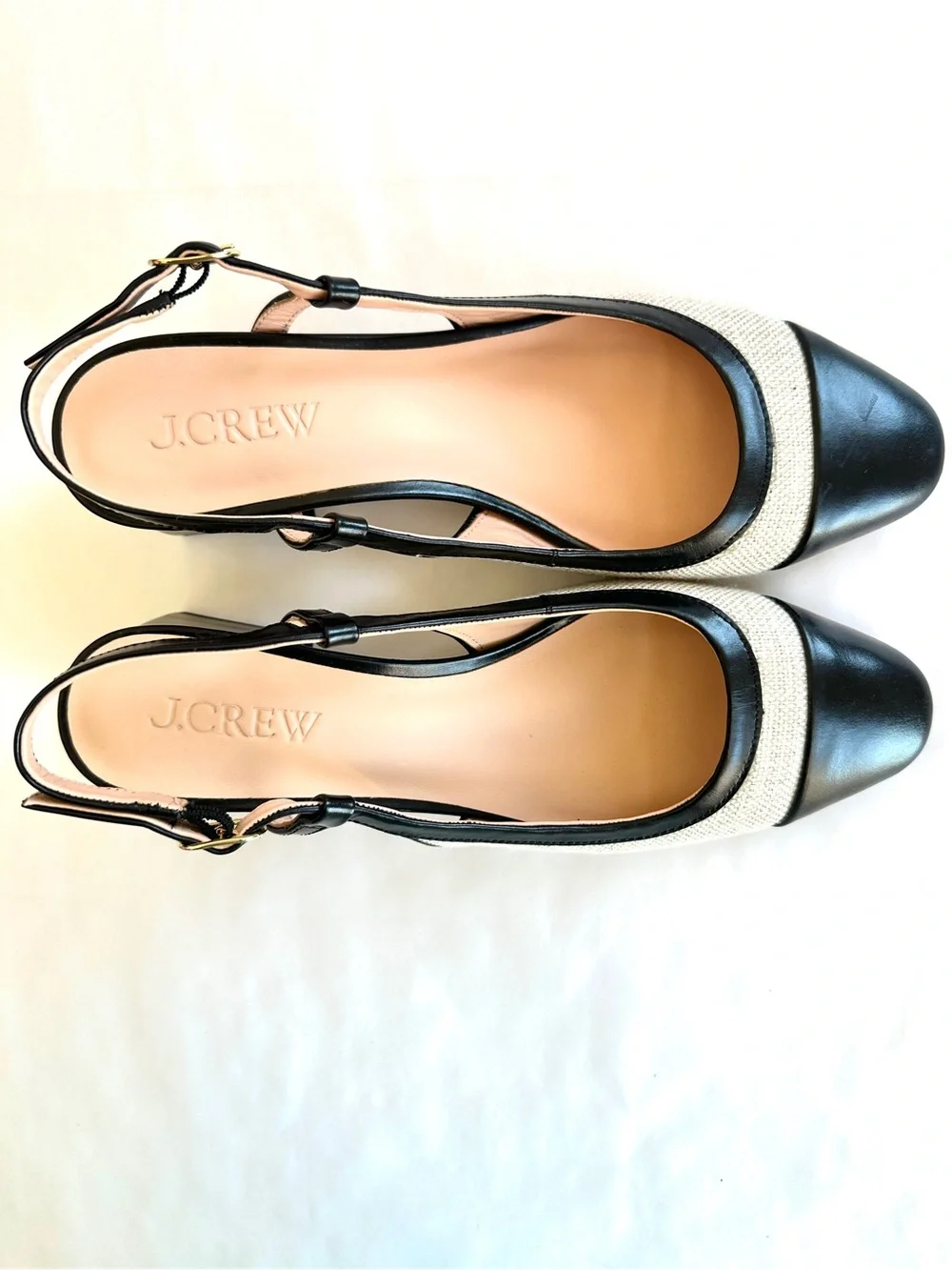 J.CREW MILLIE CAP-TOE ITALIAN LINEN/LEATHER BLOCK HEEL SLING BACK SHOES NEW Sz10